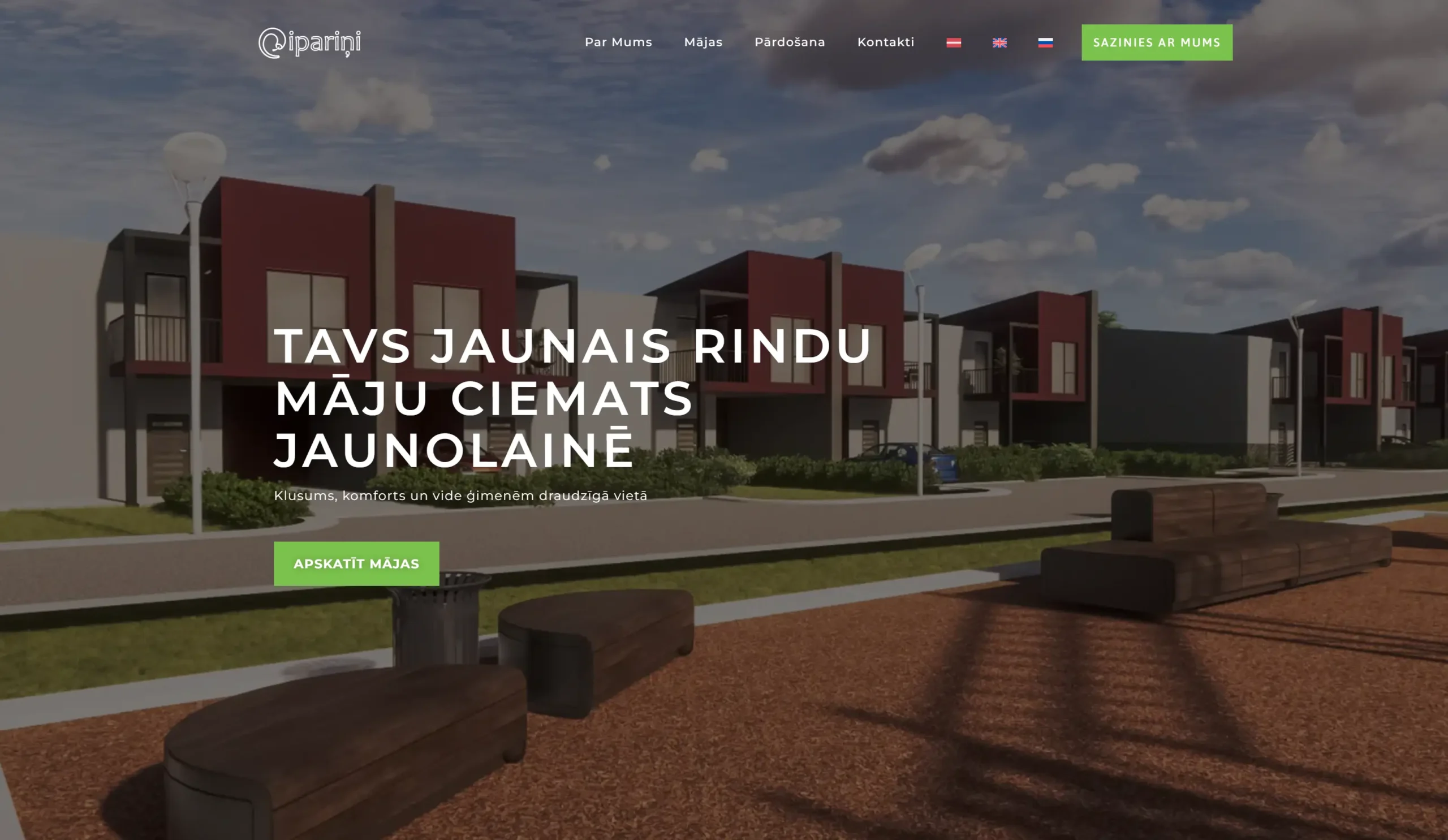 Pipariņi homepage screenshot with row house village hero section